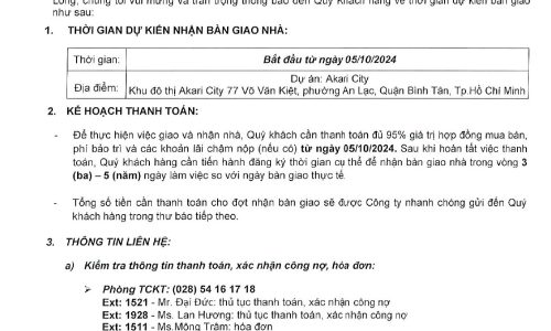 THỜI GIAN BÀN GIAO NHÀ AKARI CITY LÀ NGÀY 05/10/2024